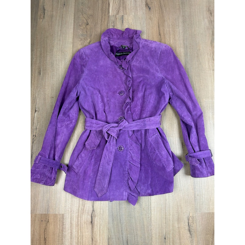 Pamela McCoy Couture Vineyard Suede Leather Ruffle Belted Jacket Vintage Women S